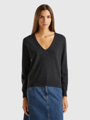 Benetton, Dark Gray V-neck Sweater In Pure Merino Wool, size XXS, Dark Gray, Women United Colors of Benetton