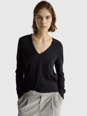 Benetton, Dark Gray V-neck Sweater In Pure Merino Wool, Size: XXS, Dark Gray, Women United Colors of Benetton