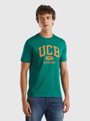 Benetton, Dark Green Organic Cotton T-shirt With Orange Logo, size XS, Dark Green, Men United Colors of Benetton