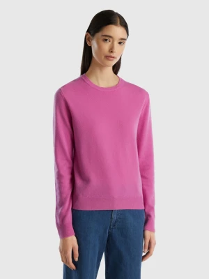 Benetton, Dark Pink Crew Neck Sweater In Merino Wool, size L, Pink, Women United Colors of Benetton