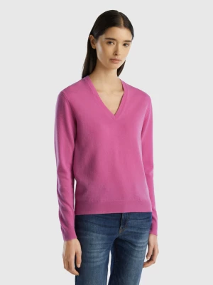 Benetton, Dark Pink V-neck Sweater In Pure Merino Wool, size M, Pink, Women United Colors of Benetton