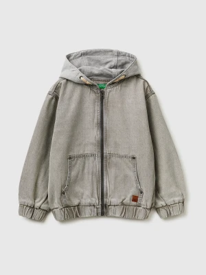 Benetton, Denim Bomber Jacket With Fleece Hood, Size: XL, Light Gray, Kids United Colors of Benetton