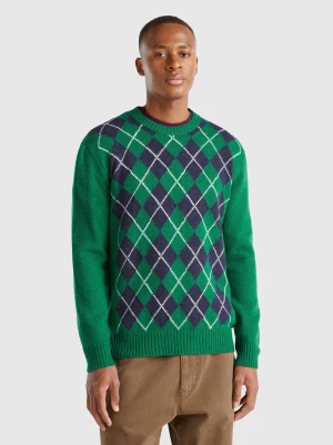 Benetton, Diamond Sweater In Pure Shetland Wool, size M, Dark Green, Men United Colors of Benetton