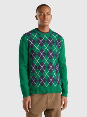 Benetton, Diamond Sweater In Pure Shetland Wool, size XS, Dark Green, Men United Colors of Benetton