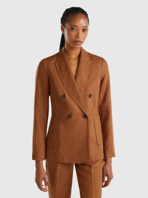 Benetton, Double-breasted Blazer In Pure Linen, size , Brown, Women United Colors of Benetton