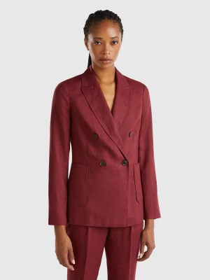 Benetton, Double-breasted Blazer In Pure Linen, size , Burgundy, Women United Colors of Benetton