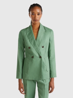 Benetton, Double-breasted Blazer In Pure Linen, size , Green, Women United Colors of Benetton