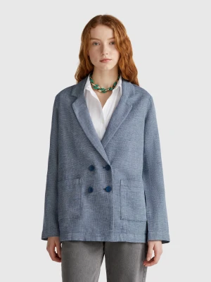 Benetton, Double-breasted Jacket In Linen Blend, size M, Air Force Blue, Women United Colors of Benetton