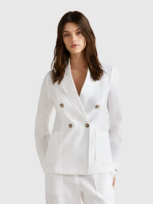 Benetton, Double-breasted Jacket In Pure Linen, size , White, Women United Colors of Benetton