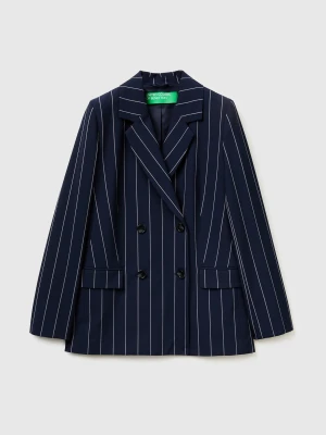 Benetton, Double-breasted Pinstriped Jacket, Dark Blue, Women United Colors of Benetton