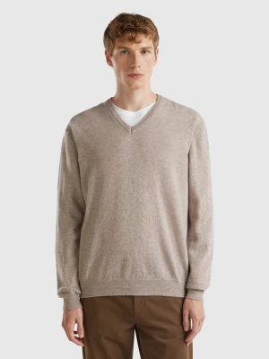 Benetton, Dove Gray V-neck Sweater In Pure Merino Wool, size S, Dove Gray, Men United Colors of Benetton