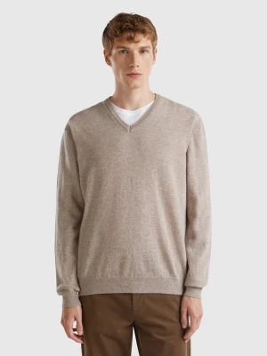 Benetton, Dove Gray V-neck Sweater In Pure Merino Wool, size XS, Dove Gray, Men United Colors of Benetton