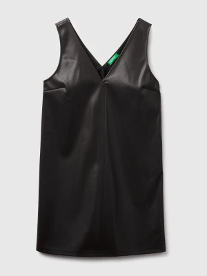 Benetton, V-neck Dress In Imitation Leather, Size: XS, Black, Women United Colors of Benetton