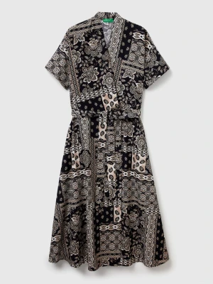 Benetton, Dress With Bandana Print, Size: XS, Black, Women United Colors of Benetton