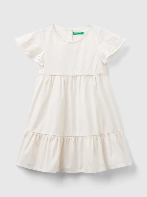 Benetton, Dress With Embroidery And Frill, size 104, Creamy White, Kids United Colors of Benetton