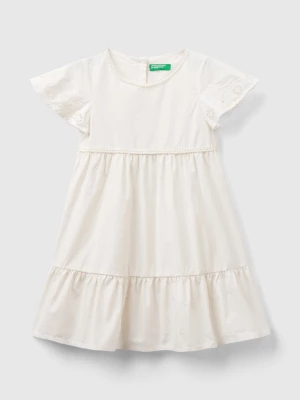 Benetton, Dress With Embroidery And Frill, size 110, Creamy White, Kids United Colors of Benetton