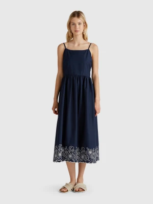 Benetton, Dress With Floral Embroidery, size XXS, Dark Blue, Women United Colors of Benetton