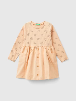 Benetton, Dress With Print And Buttons, size 110, Peach, Kids United Colors of Benetton