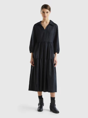 Benetton, Dress With Ruffles In Pure Linen, size L, Black, Women United Colors of Benetton
