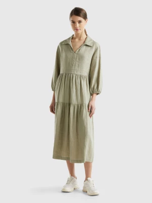 Benetton, Dress With Ruffles In Pure Linen, size L, Light Green, Women United Colors of Benetton