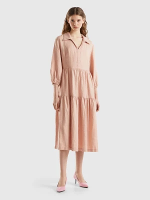 Benetton, Dress With Ruffles In Pure Linen, size L, Nude, Women United Colors of Benetton