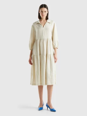 Benetton, Dress With Ruffles In Pure Linen, size M, Beige, Women United Colors of Benetton