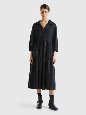 Benetton, Dress With Ruffles In Pure Linen, size S, Black, Women United Colors of Benetton