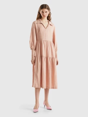 Benetton, Dress With Ruffles In Pure Linen, size S, Soft Pink, Women United Colors of Benetton