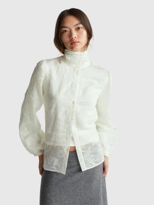 Benetton, Embroidered Blouse With Ruffled Collar, Size: XS, Creamy White, Women United Colors of Benetton