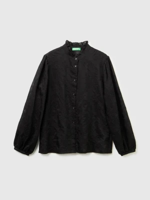 Benetton, Embroidered Blouse With Ruffled Collar, Size: XS, Black, Women United Colors of Benetton