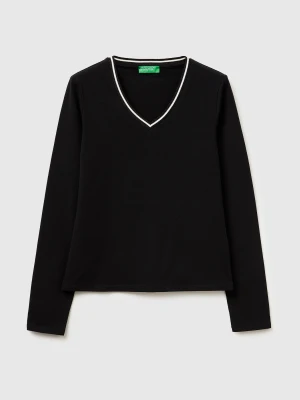 Benetton, Fitted V-neck T-shirt, Size: XS, Black, Women United Colors of Benetton