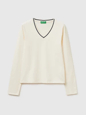 Benetton, Fitted V-neck T-shirt, Size: XS, Creamy White, Women United Colors of Benetton