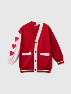 Benetton, Fleece Cardigan With Heart Patch, size 3XL, Red, Kids United Colors of Benetton