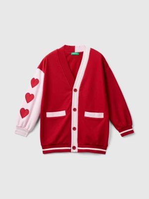 Benetton, Fleece Cardigan With Heart Patch, size 3XL, Red, Kids United Colors of Benetton