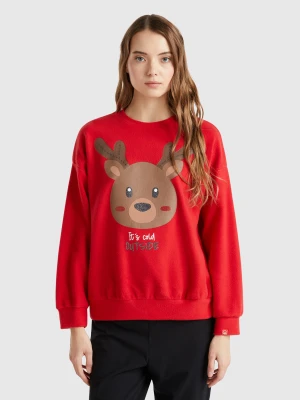 Benetton, Fleece Sweater With Reindeer Print, size XXS, Red, Women United Colors of Benetton