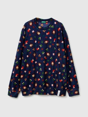 Benetton, Fleece Top With Christmas Print, Size: XL, Dark Blue, Men United Colors of Benetton