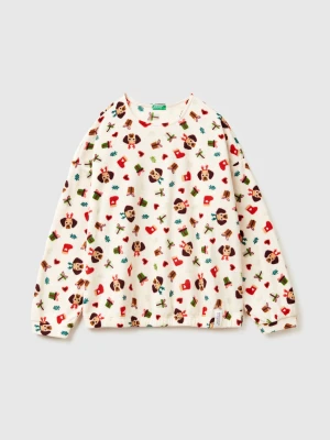 Benetton, Fleece Top With Christmas Print, Size: XXS, Creamy White, Women United Colors of Benetton