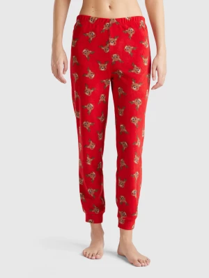 Benetton, Fleece Trousers With Reindeer Print, size XXS, Red, Women United Colors of Benetton