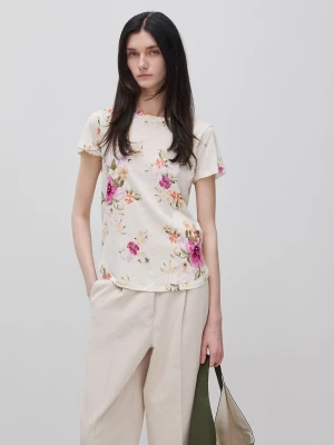 Benetton, Floral Linen Blend T-shirt, Size: XS, Creamy White, Women United Colors of Benetton