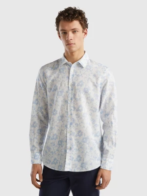 Benetton, Floral Shirt In Linen Blend, size L, Sky Blue, Men United Colors of Benetton