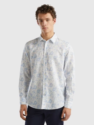 Benetton, Floral Shirt In Linen Blend, size XL, Sky Blue, Men United Colors of Benetton