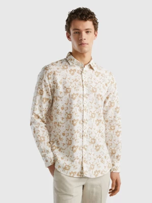 Benetton, Floral Shirt In Linen Blend, size XXXL, Beige, Men United Colors of Benetton