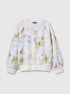 Benetton, Floral Sweatshirt With Cut-out, Size: XL, White, Kids United Colors of Benetton