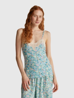 Benetton, Floral Tank Top With Lace, Size: XXS, Aqua, Women United Colors of Benetton