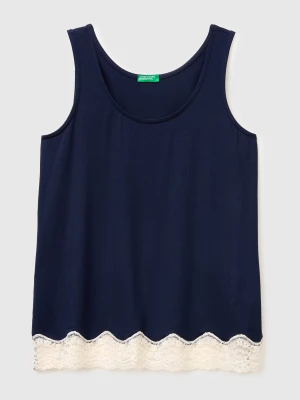 Benetton, Flowing Tank Top With Lace At The Bottom, Size: S, Dark Blue, Women United Colors of Benetton