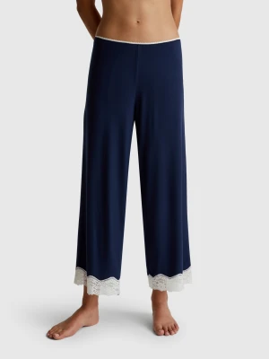 Benetton, Flowy 3/4 Trousers With Lace, size XS, Dark Blue, Women United Colors of Benetton