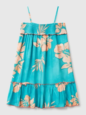 Benetton, Flowy Dress With Flower Print, Size: XXS, Aqua, Kids United Colors of Benetton