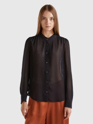 Benetton, Flowy Mandarin Collar Shirt, size L, Black, Women United Colors of Benetton