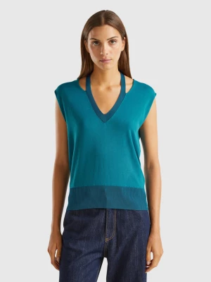 Benetton, Flowy Sweater With V-neck And Laces, size L, Dark Green, Women United Colors of Benetton