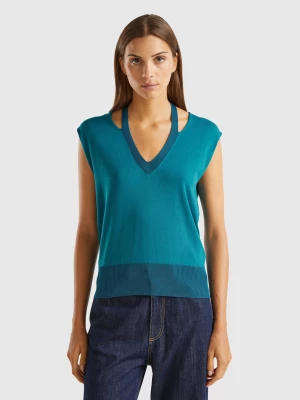 Benetton, Flowy Sweater With V-neck And Laces, size L, Dark Green, Women United Colors of Benetton